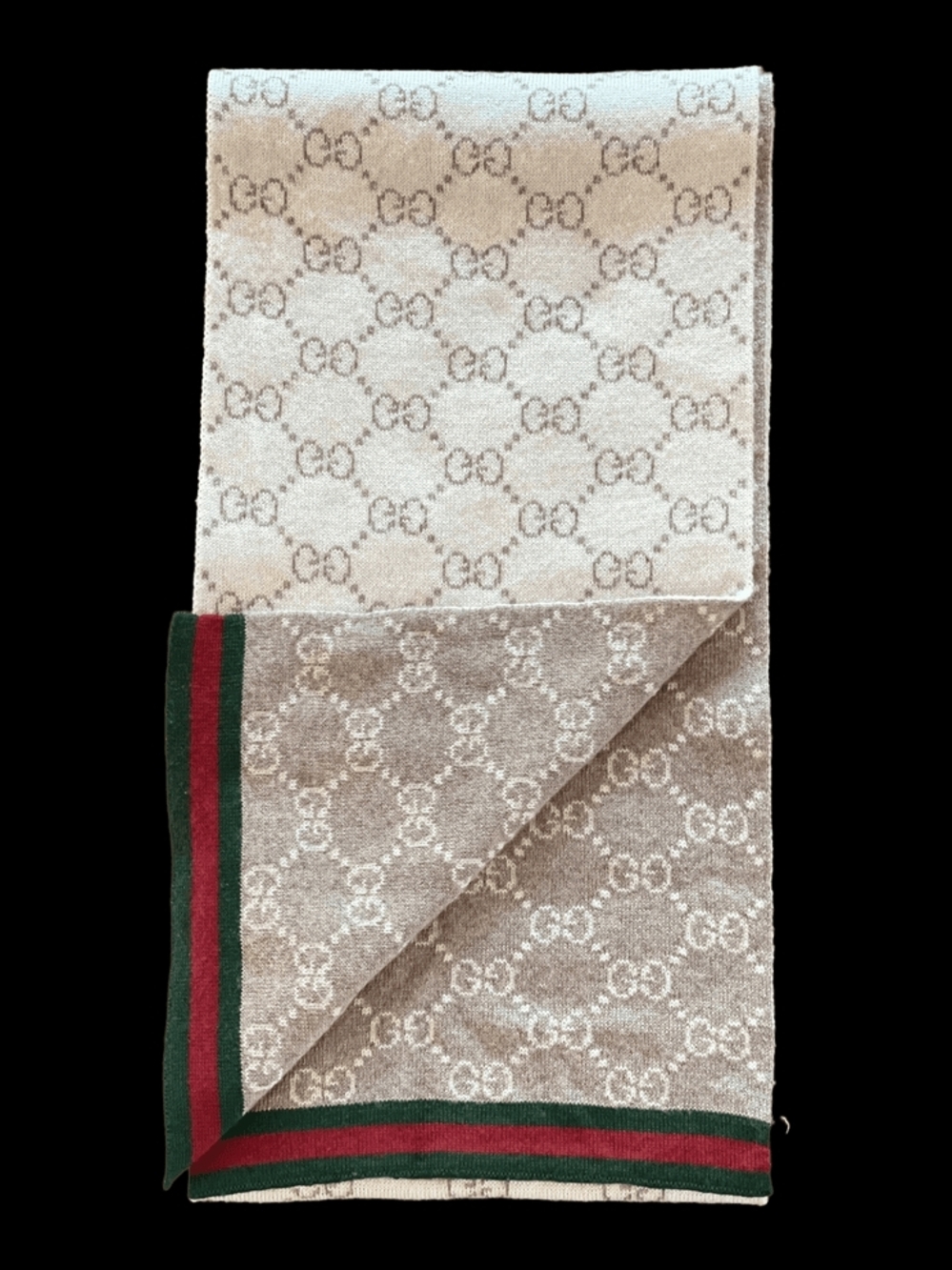 Gucci Beige Monogram Scarf with Green and Red Stripes
